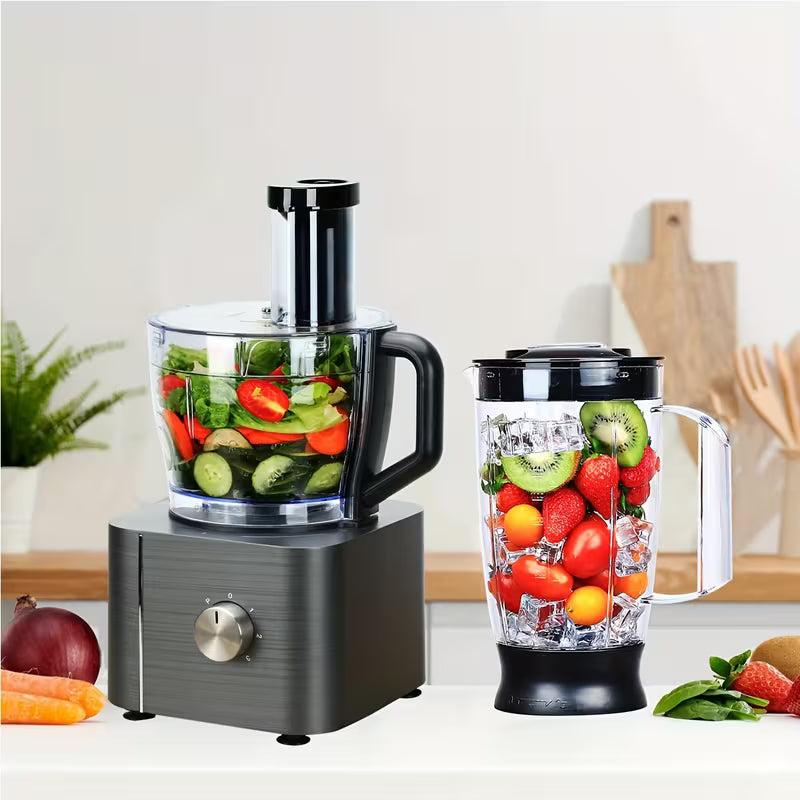 Food Processor 11-in-1 1100W With Chopping Blending Kneading Grinding Whisking Juicing, 3 Speeds Plus Pulse, 108.2 oz Bowl And 50.72oz Jug Blender, Dark Gray
