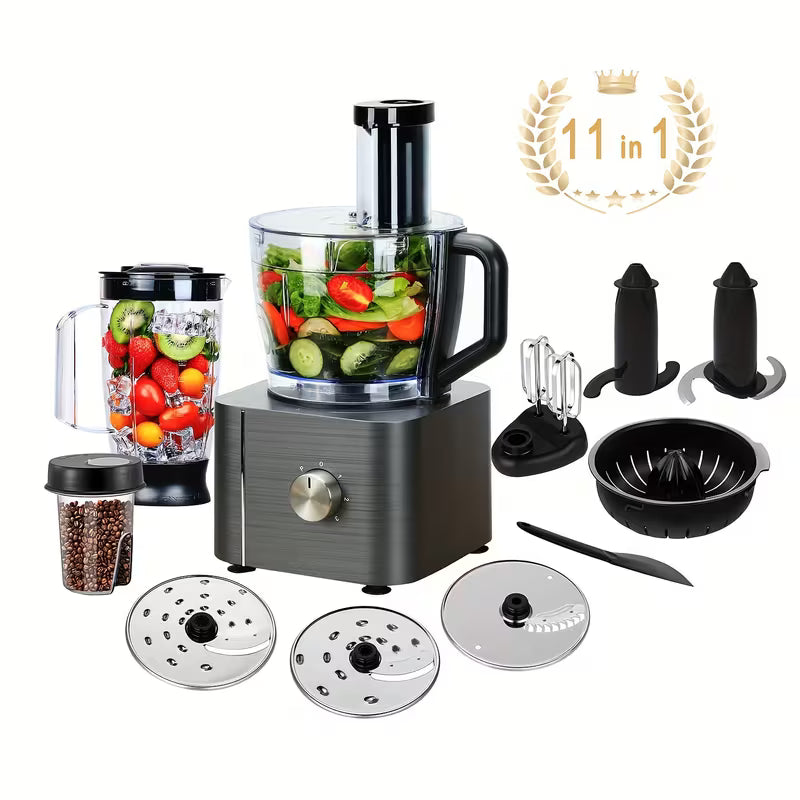 Food Processor 11-in-1 1100W With Chopping Blending Kneading Grinding Whisking Juicing, 3 Speeds Plus Pulse, 108.2 oz Bowl And 50.72oz Jug Blender, Dark Gray