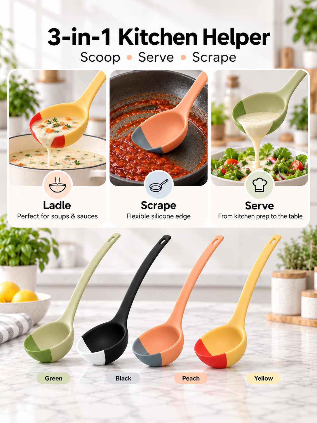 Silicone Spoon - Colorful Silicone Spatula Ladle with a Soft Top to Mold to your Pots & Pans.